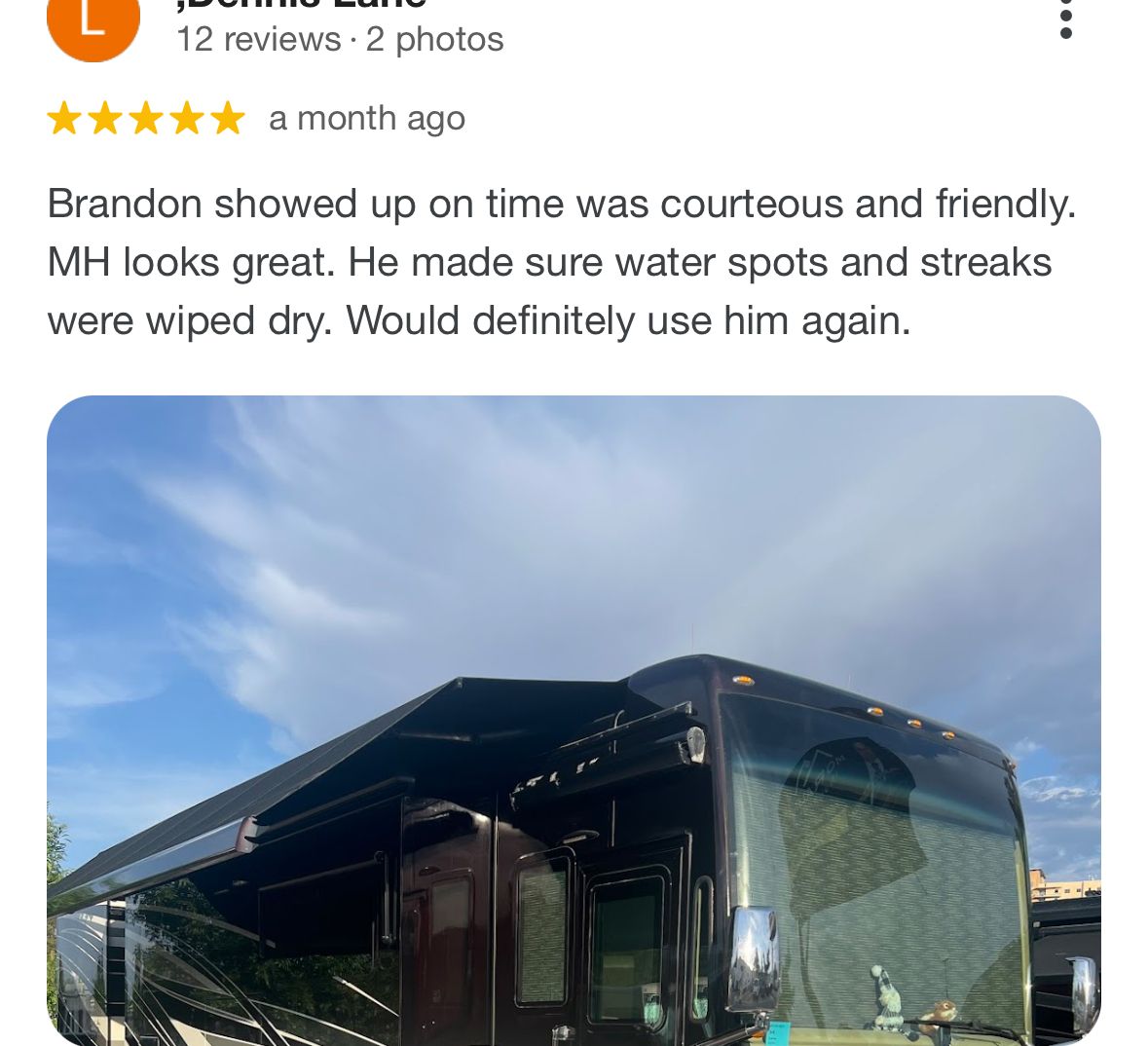 A review of a rv on a google review page.