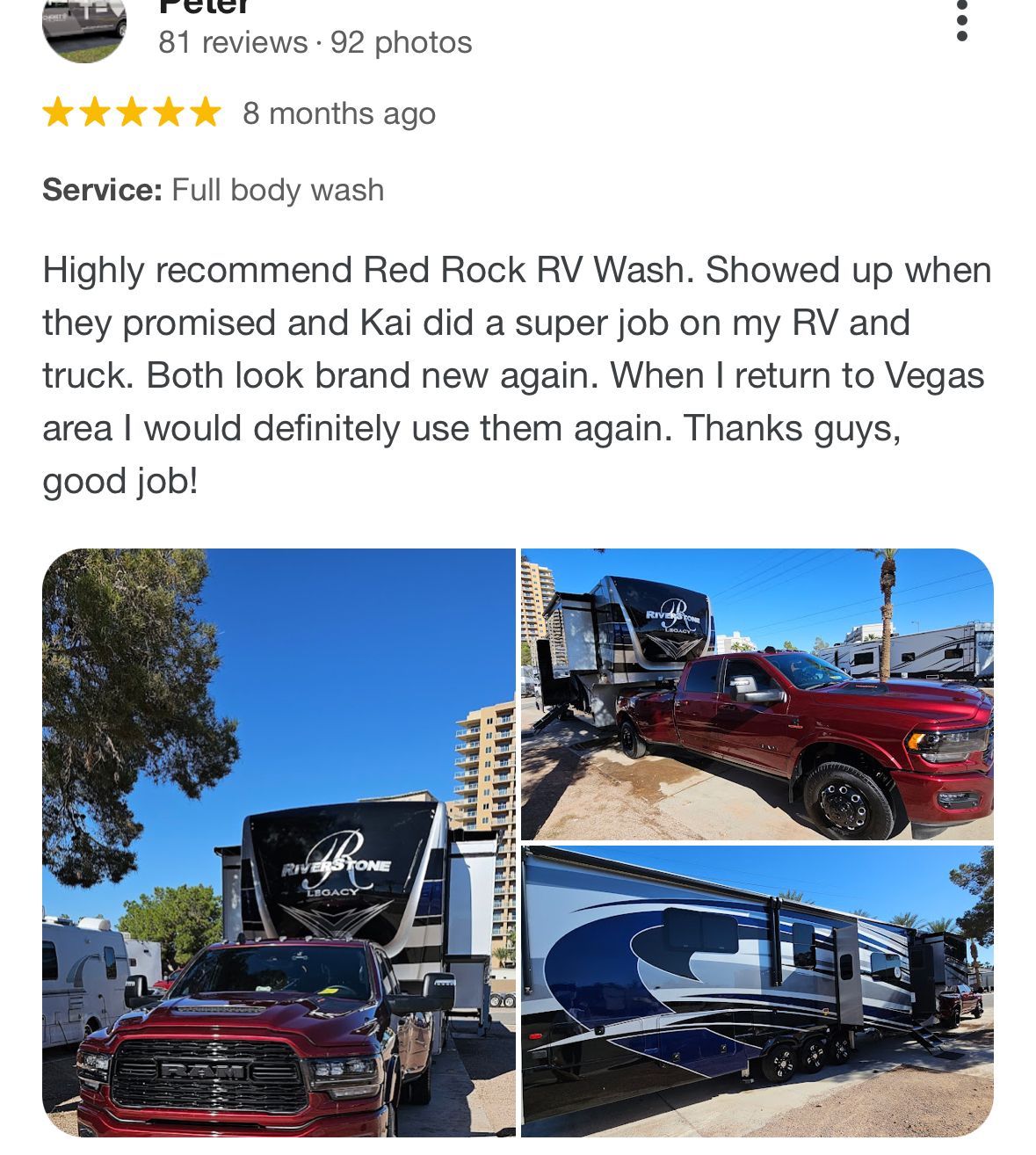 A review of red rock rv wash showing a red truck and a trailer.