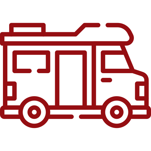 A red line drawing of a rv on a white background.