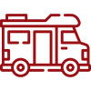 A red line drawing of a rv on a white background.