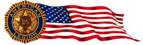 An american legion logo with an american flag in the background