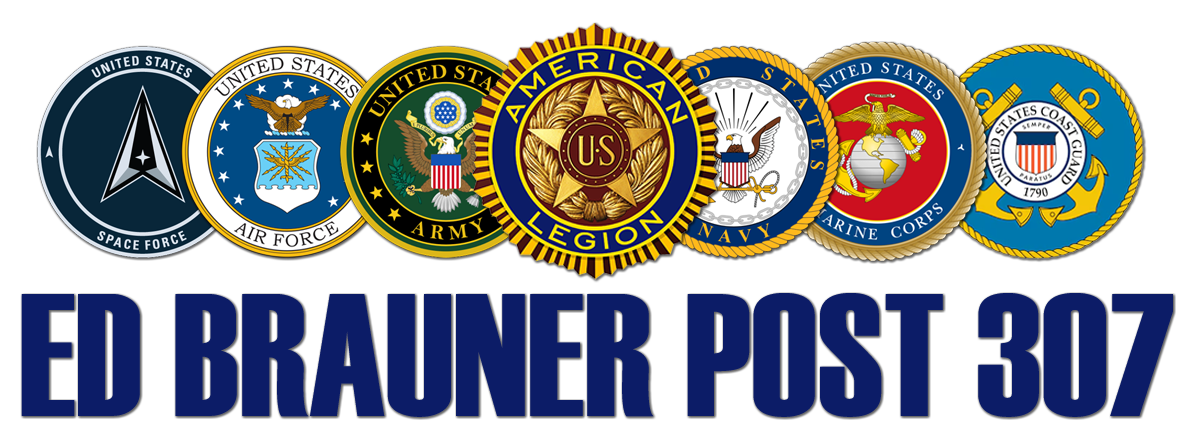 An american legion logo with an american flag in the background