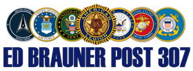 Veterans emblems above bold blue text reading “ED BRAUNER POST 307”