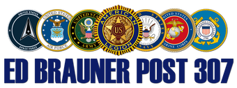 An american legion logo with an american flag in the background