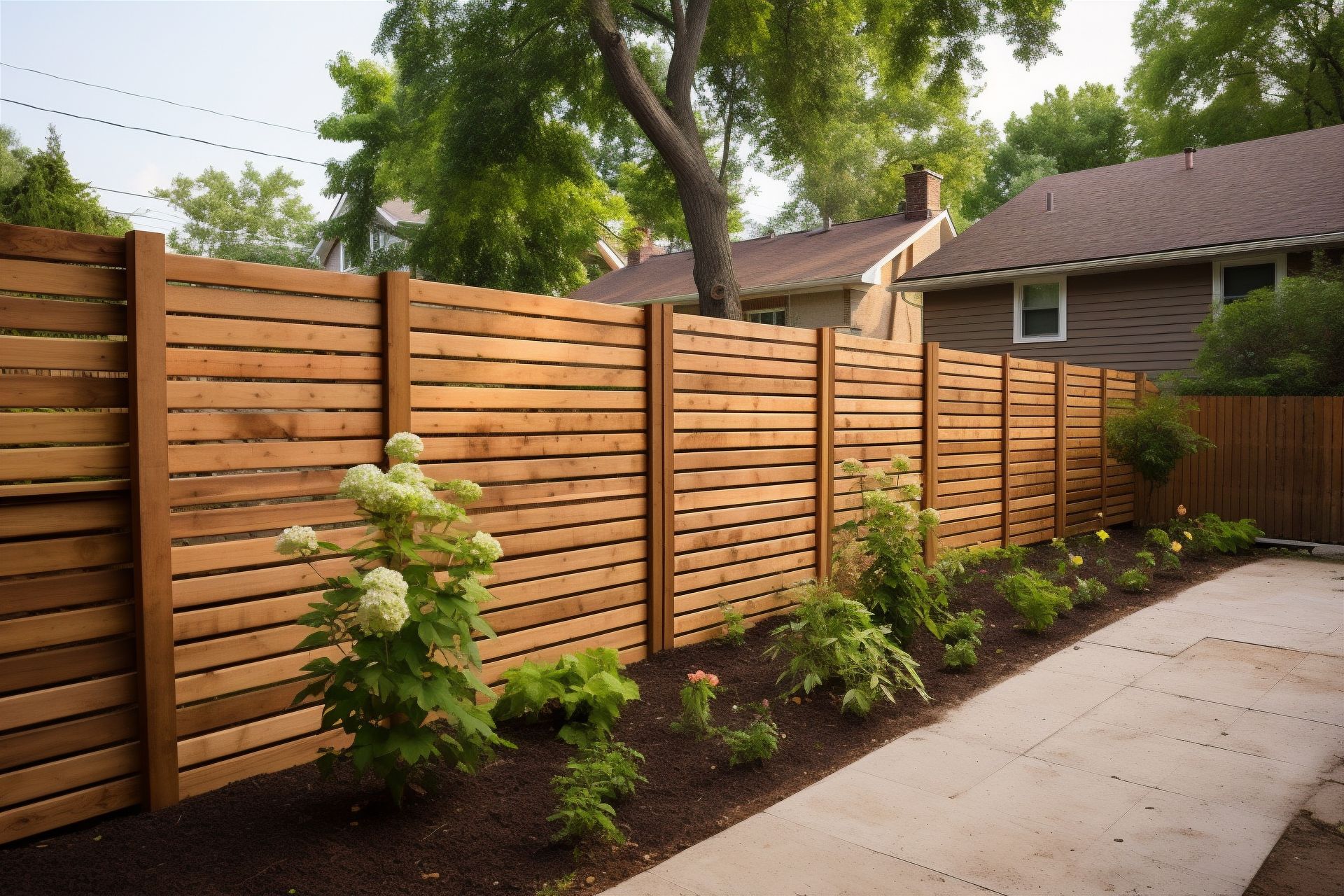 Horizontal wooden slat fence with landscaped garden and stone walkway in a backyard.