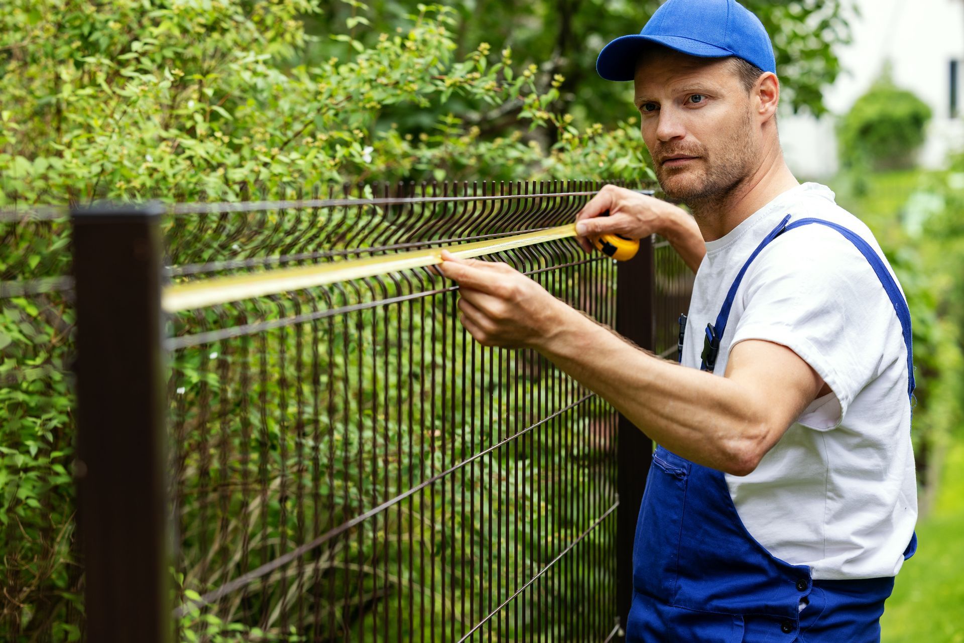 A male fence contractor measures the length of a black wired fence.