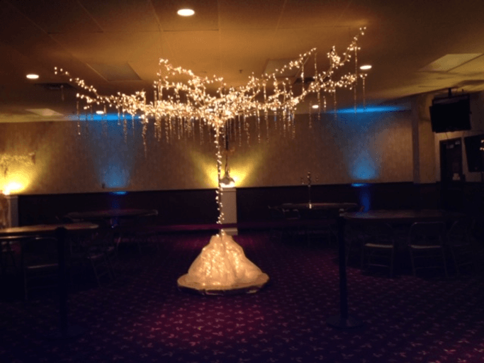 Decorated venue for a dance in Buffalo with  uplighting and lighted crystal tree