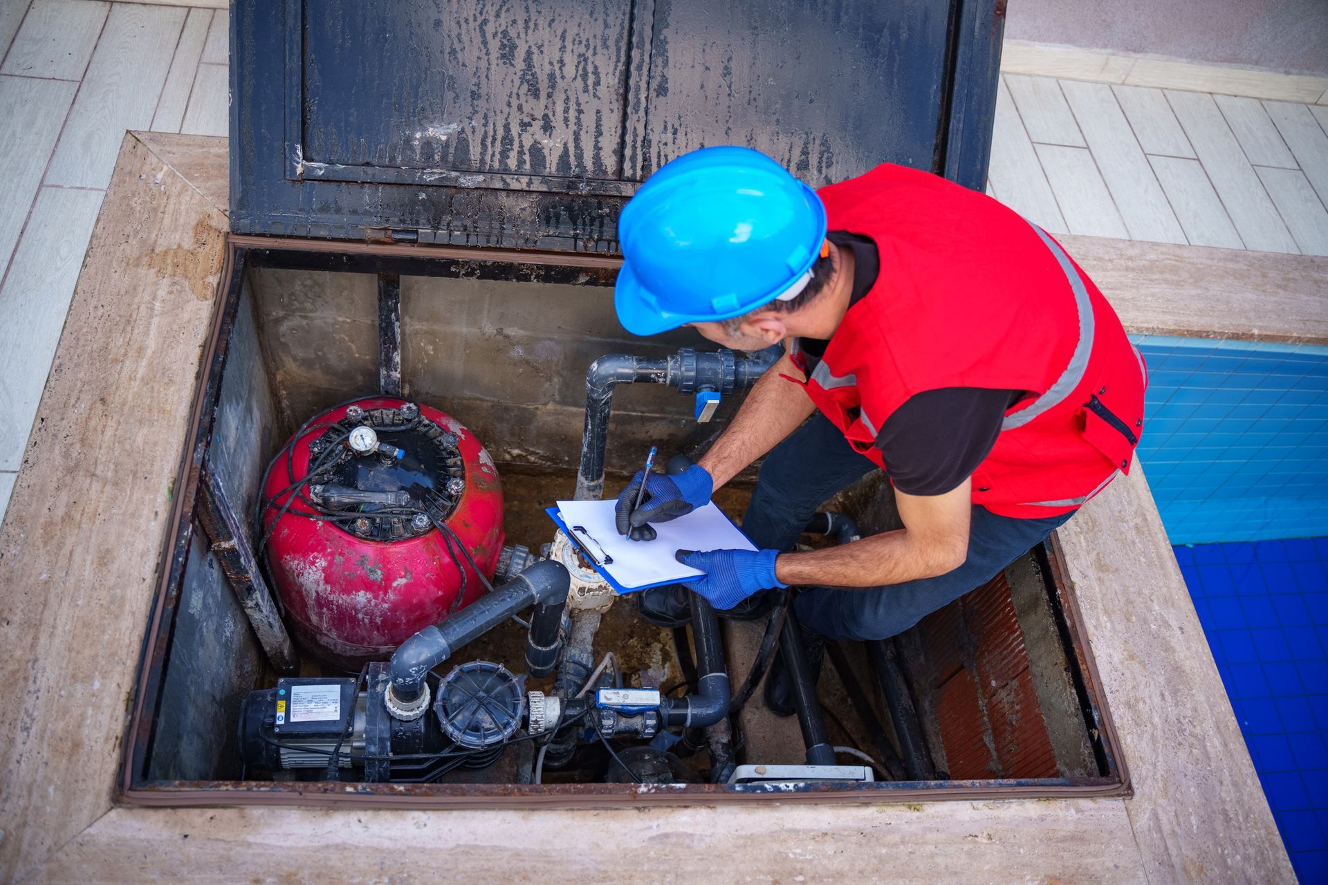 A worker is checking the pipes and the water pumping machine.
