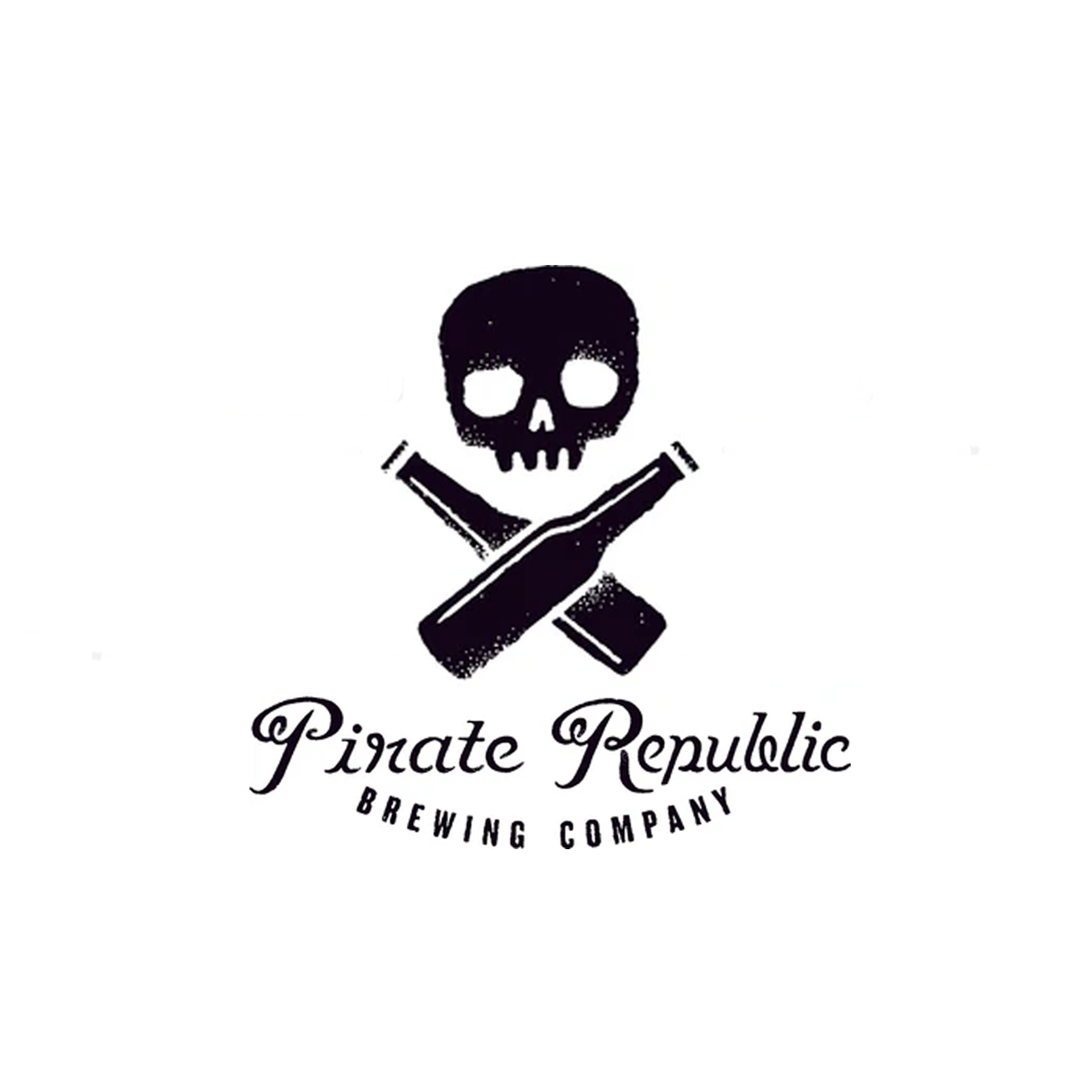 A pirate republic brewing company logo with a skull and crossed beer bottles.