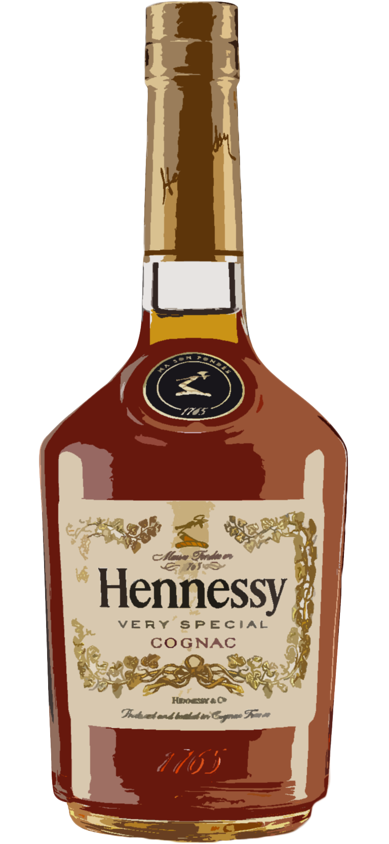 A bottle of hennessy cognac is shown on a white background