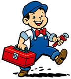 Smiling cartoon plumber in blue overalls, carrying toolbox and wrench.