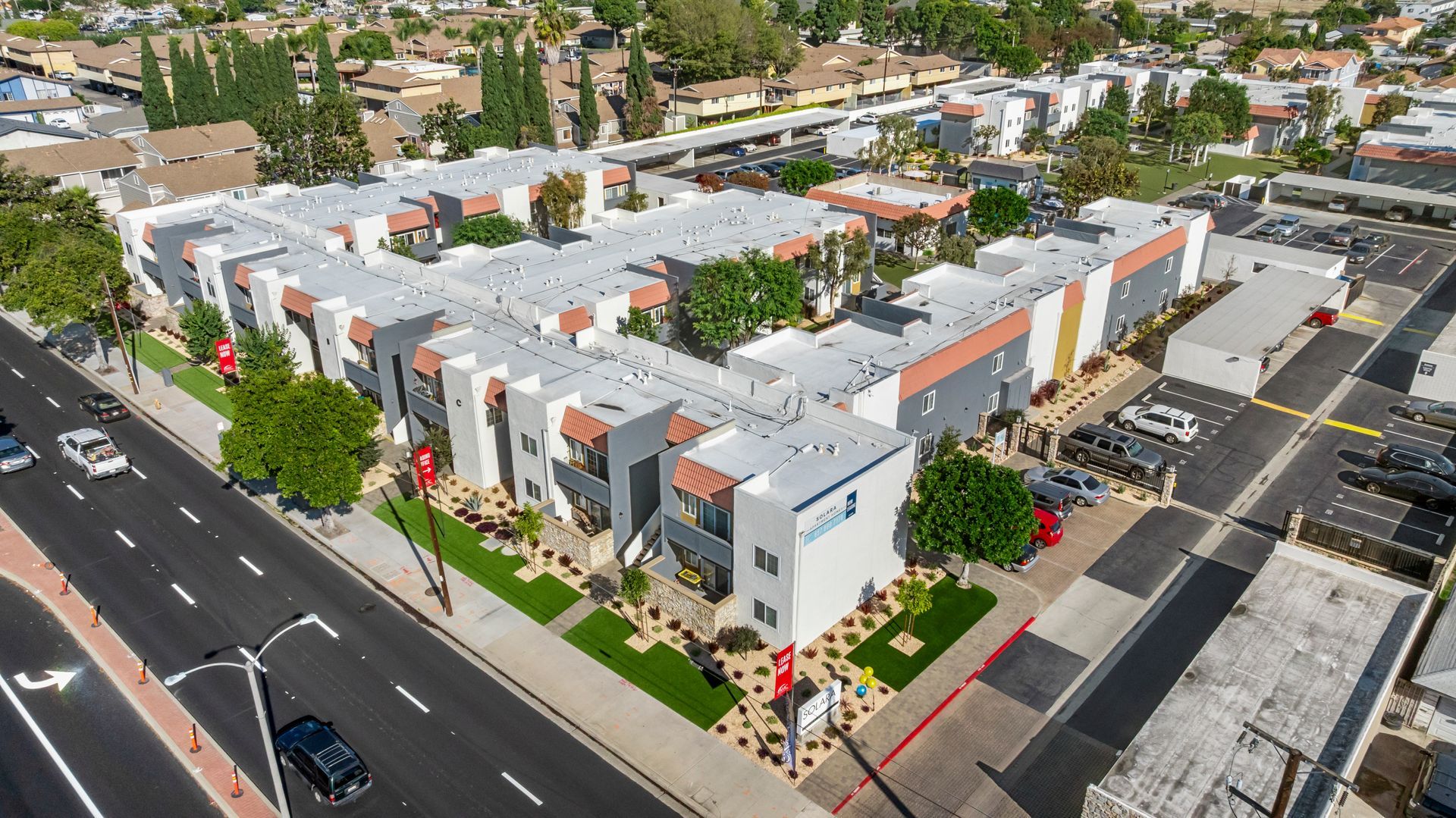 overhead view of apartment community