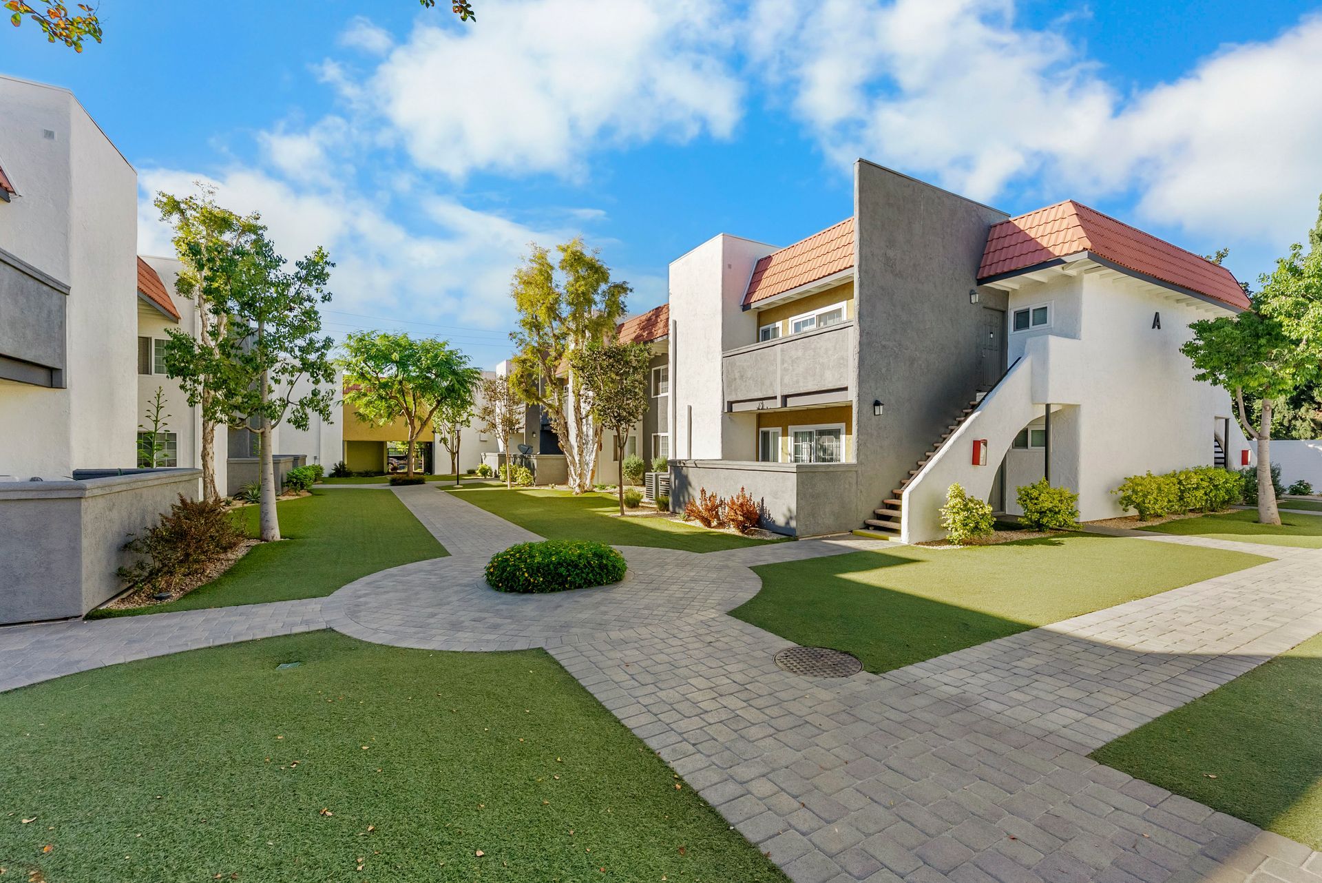 walkway through apartment building