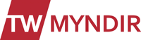 A red and white logo for tv myndir on a white background.