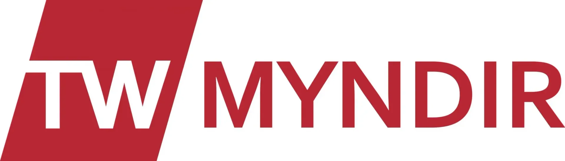 A red and white logo for tv myndir on a white background