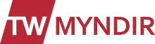 A red and white logo for tv myndir on a white background