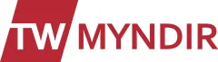 A red and white logo for tv myndir on a white background