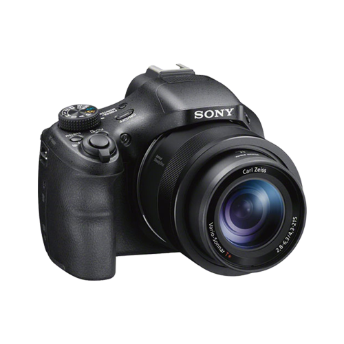A sony camera with a large lens on a white background