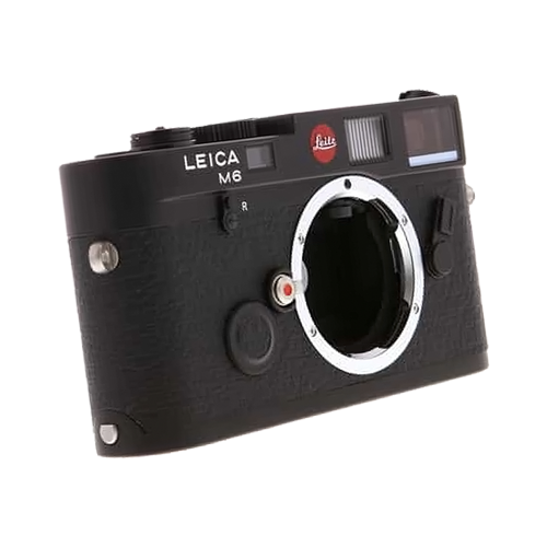 A leica m6 camera without a lens on a white background.