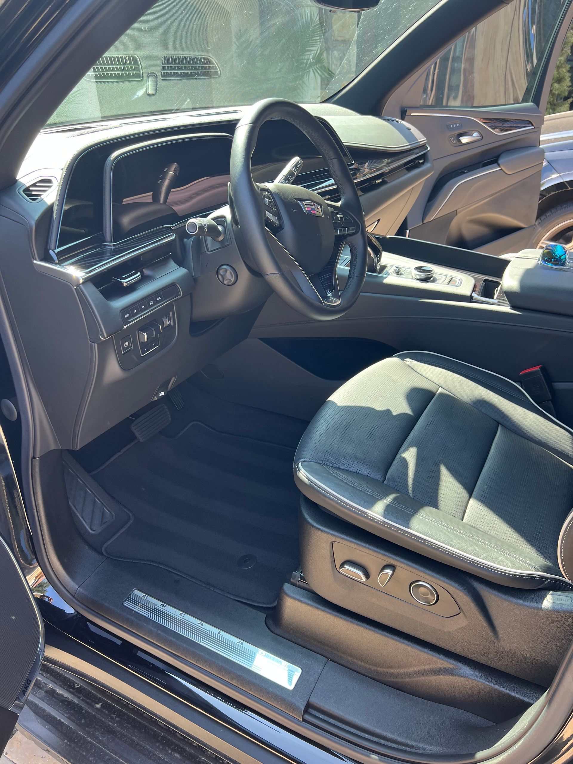 Black car interior with leather seats, steering wheel, and floor mats. Driver's side door is open.