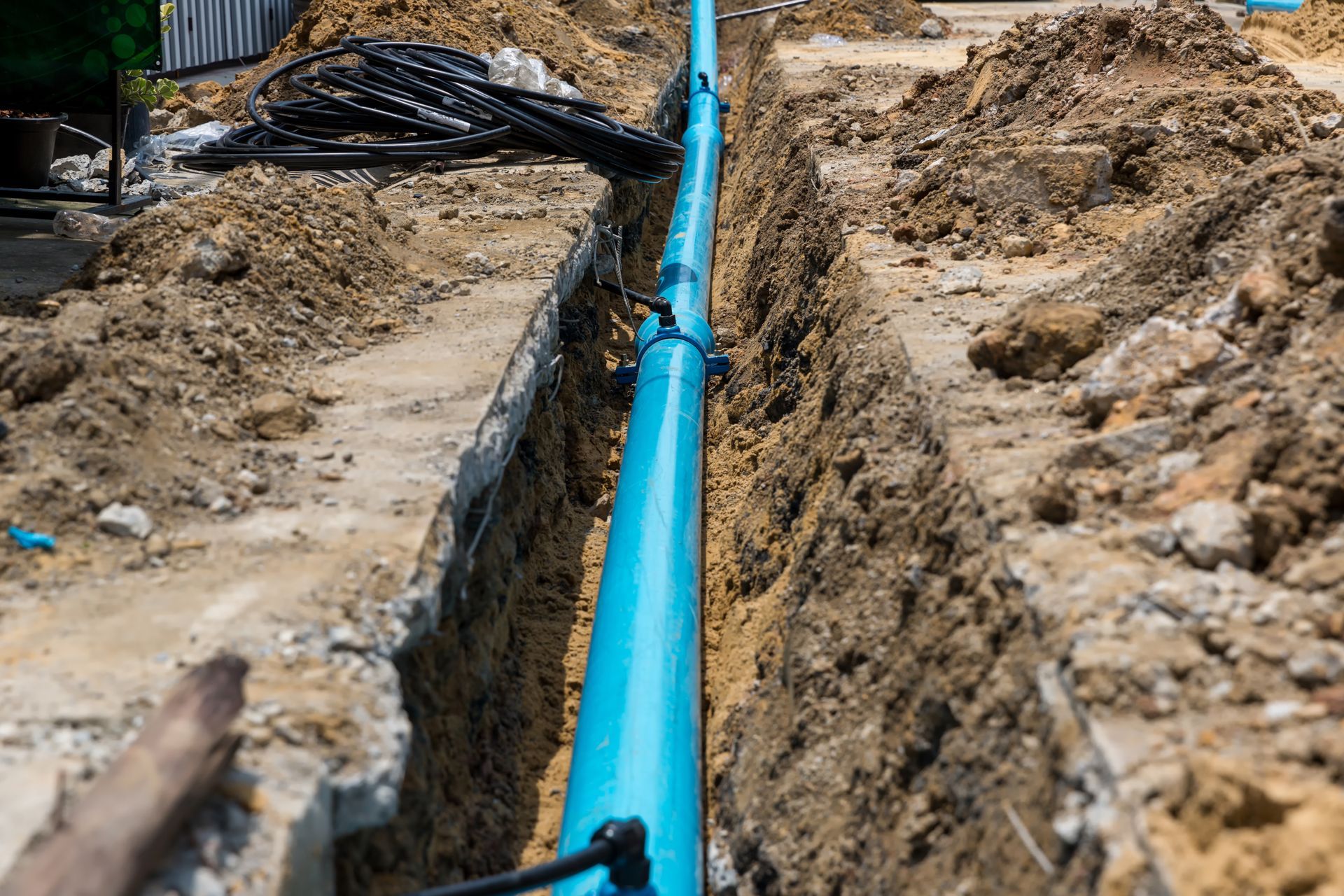 Bright blue utility pipe laid in a dirt trench at a construction site.