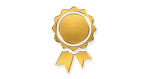 A golden award rosette with two dangling ribbons.