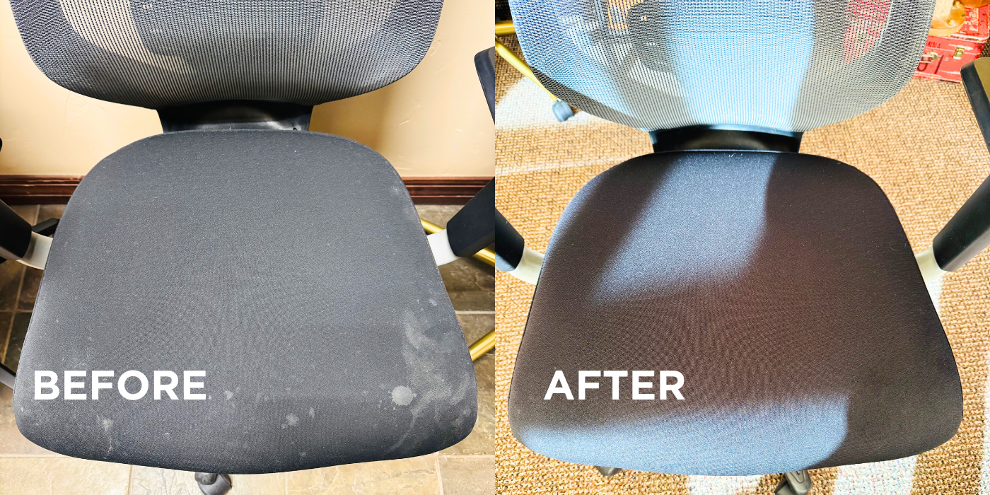 Before and after comparison showing a dirty office chair seat being cleaned to look like new.