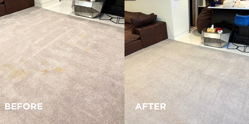 Before and after comparison of light-colored carpet, showing stains removed after cleaning.