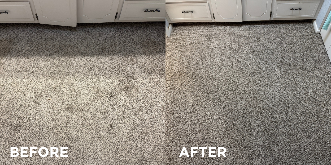 Side-by-side comparison showing a gray speckled carpet before and after a professional cleaning.