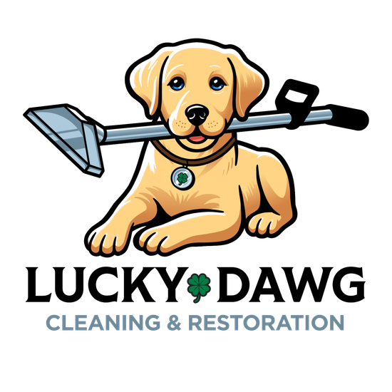 Logo for Lucky Dawg Cleaning & Restoration featuring a yellow Labrador puppy holding a carpet cleaning wand in its mouth.