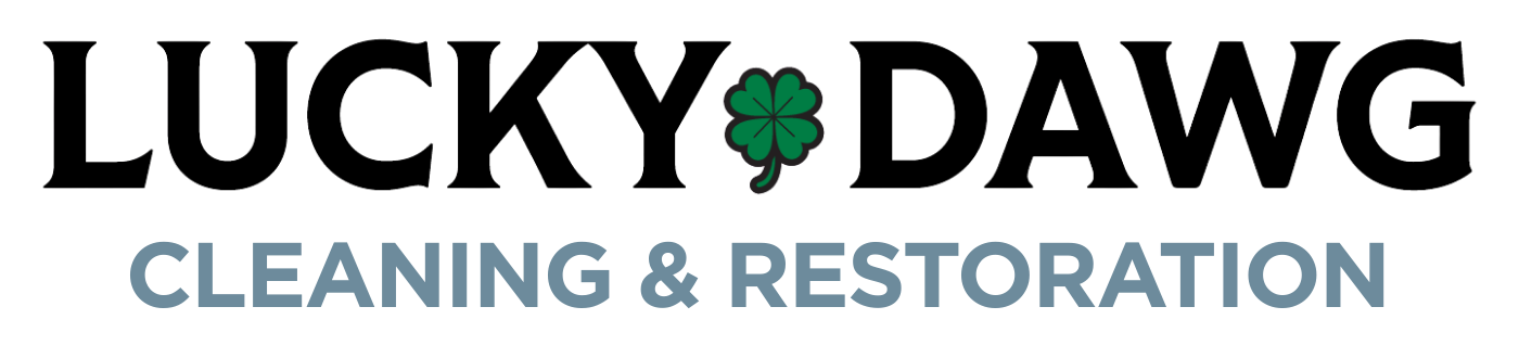 Logo for Lucky Dawg Cleaning & Restoration featuring the text in black and gray with a green four-leaf clover.