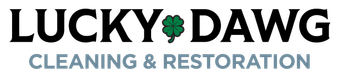 Logo for Lucky Dawg Cleaning & Restoration featuring the text in black and gray with a green four-leaf clover.