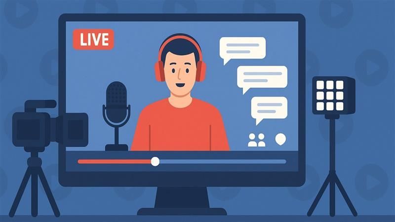 Illustration of a live streaming host speaking into a microphone, surrounded by chat bubbles, a camera, and studio lights on a screen interface
