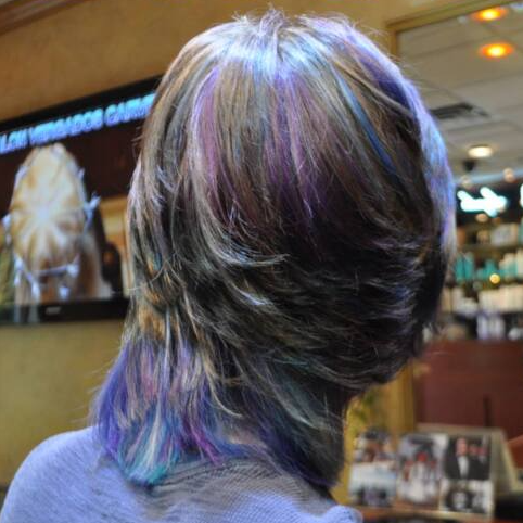 The back of a woman 's head with purple and blue hair