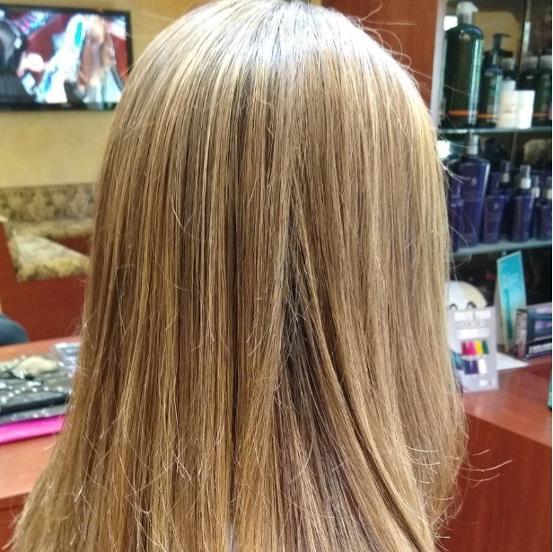 The back of a woman 's head with long blonde hair