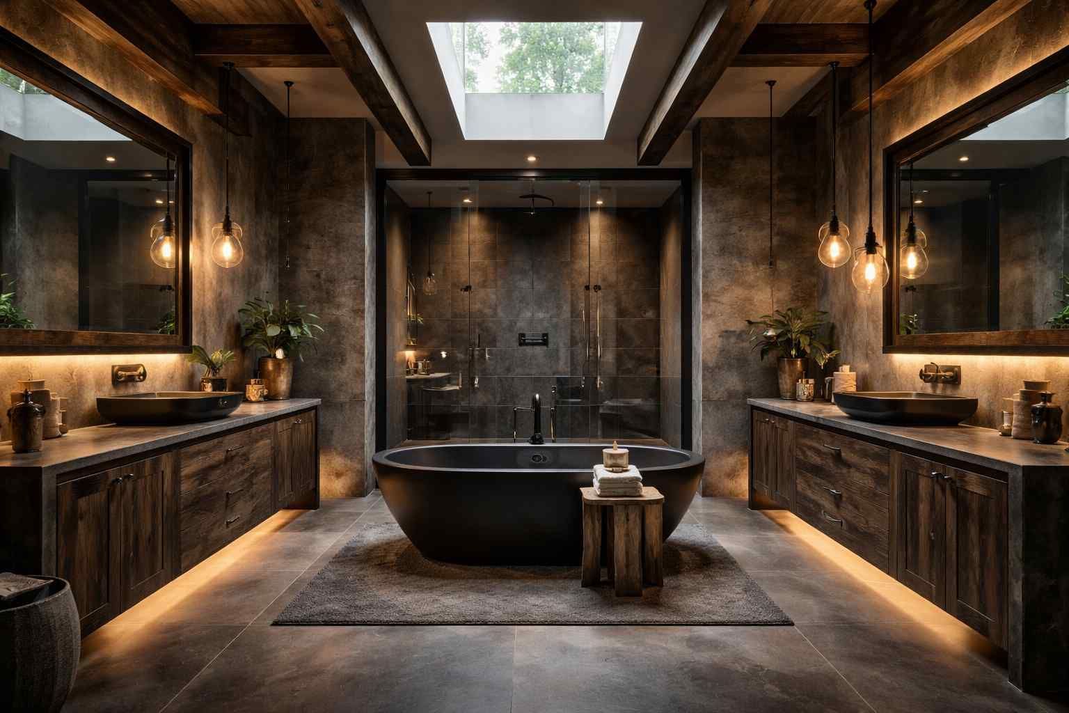 Dark, modern bathroom with black tile, a circular mirror, a toilet, and a shower.