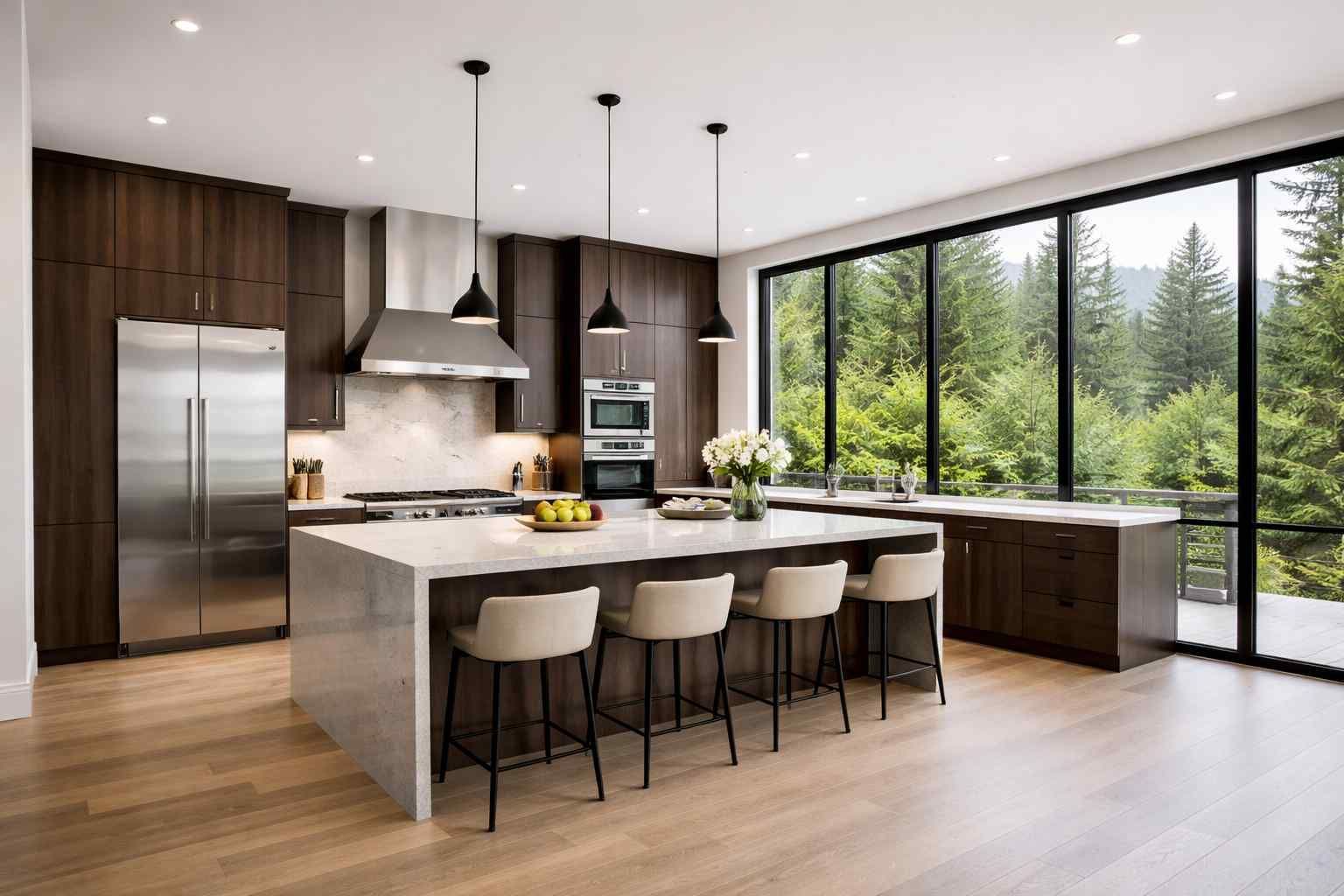 Scaffolding set up against a house for exterior work. White walls, brown trim, blue sky.