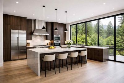 Scaffolding set up against a house for exterior work. White walls, brown trim, blue sky.