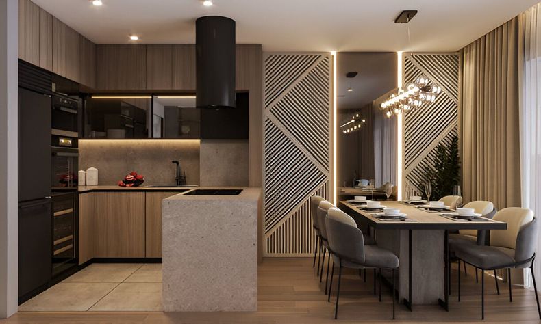 Modern kitchen and dining room with wood accents, black appliances, and a decorative mirror.