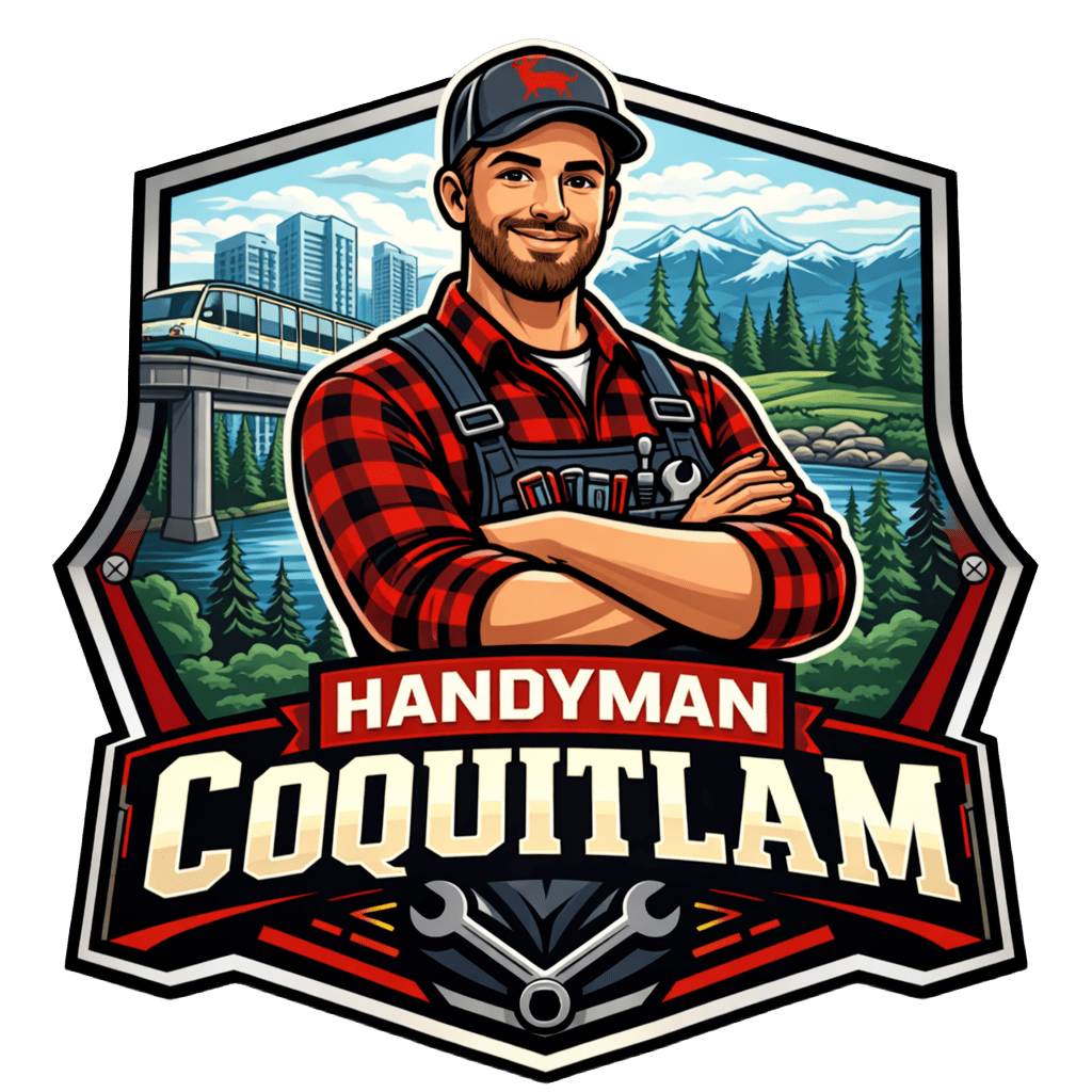 Logo of Coquitlam Handyman; a handyman with a tool in a blue and white badge.