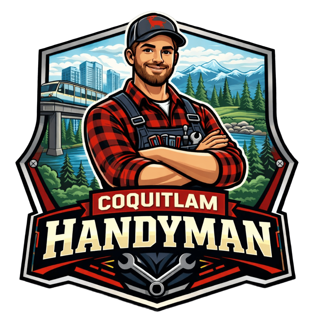Logo of Coquitlam Handyman; a handyman with a tool in a blue and white badge.