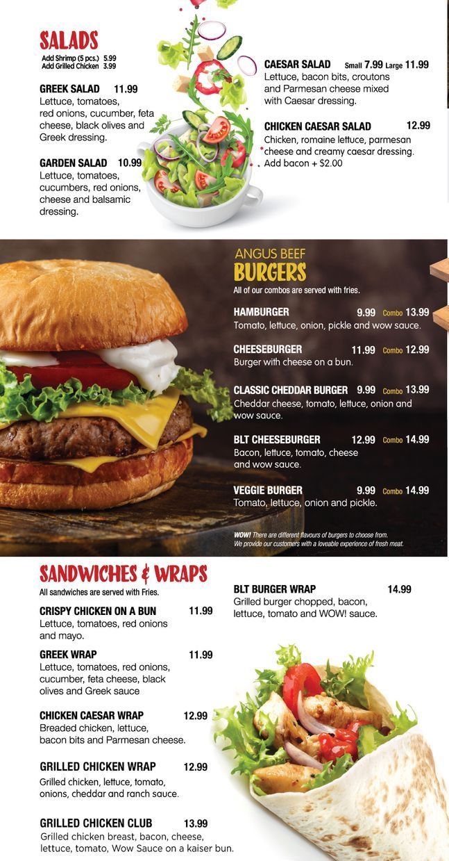 A menu with a sandwich and a wrap on it