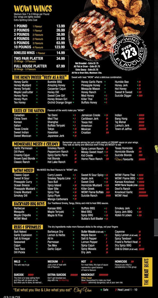 A menu for a restaurant with chicken wings on it