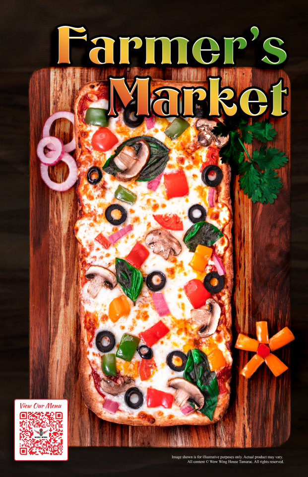 Farmer's Market pizza on a wooden board with vegetables, and the words "Farmer's Market" written above.