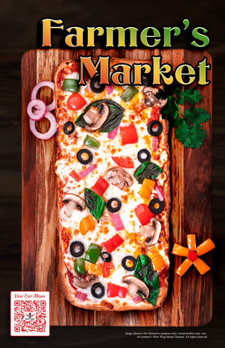 Farmer's Market pizza on a wooden board with vegetables, and the words "Farmer's Market" written above.