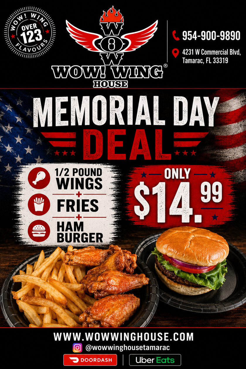 Flatbread menu from Wow! Wing House. Black background, red logo. Includes Margherita, Ultimate Pepperoni, Buffalo Chicken, etc.