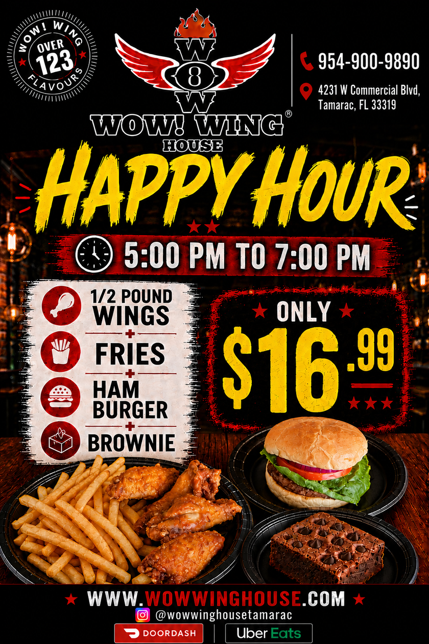 Flatbread menu from Wow! Wing House. Black background, red logo. Includes Margherita, Ultimate Pepperoni, Buffalo Chicken, etc.