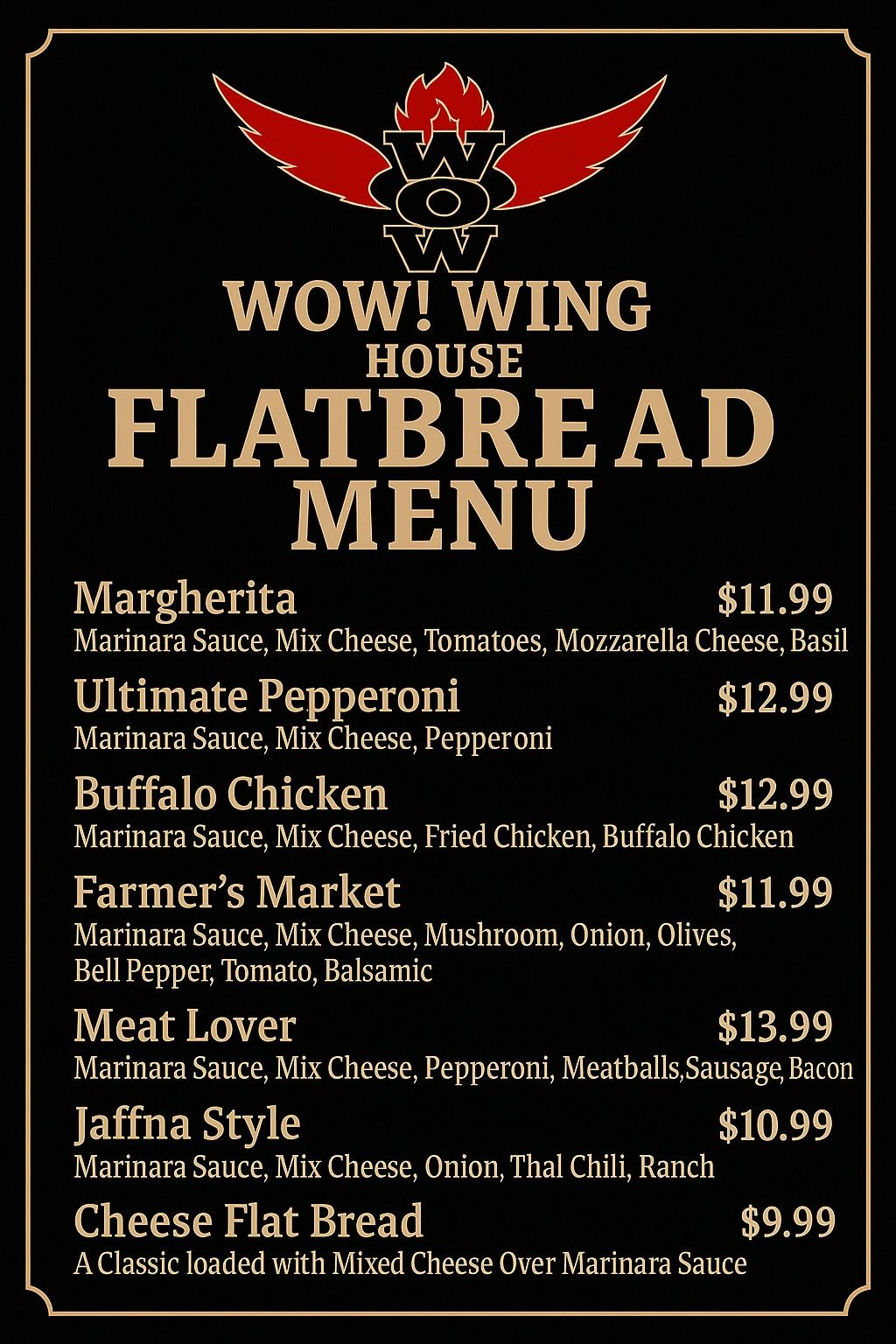 Flatbread menu from Wow! Wing House. Black background, red logo. Includes Margherita, Ultimate Pepperoni, Buffalo Chicken, etc.