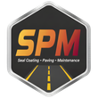 Logo for SPM, a paving company, featuring initials in orange/red with a road illustration on a black background.