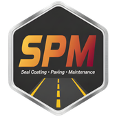 Logo for SPM, a paving company, featuring initials in orange/red with a road illustration on a black background.